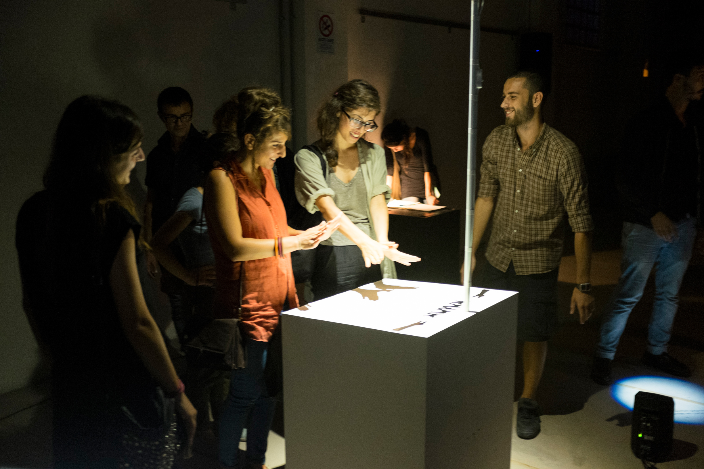 The Cave of Sounds by Tim Murray-Browne and members of Music Hackspace. Audiences playing with the prototype installation of digital musical instruments using shadows at 90dB Festival of the Sonic Arts Award, Rome