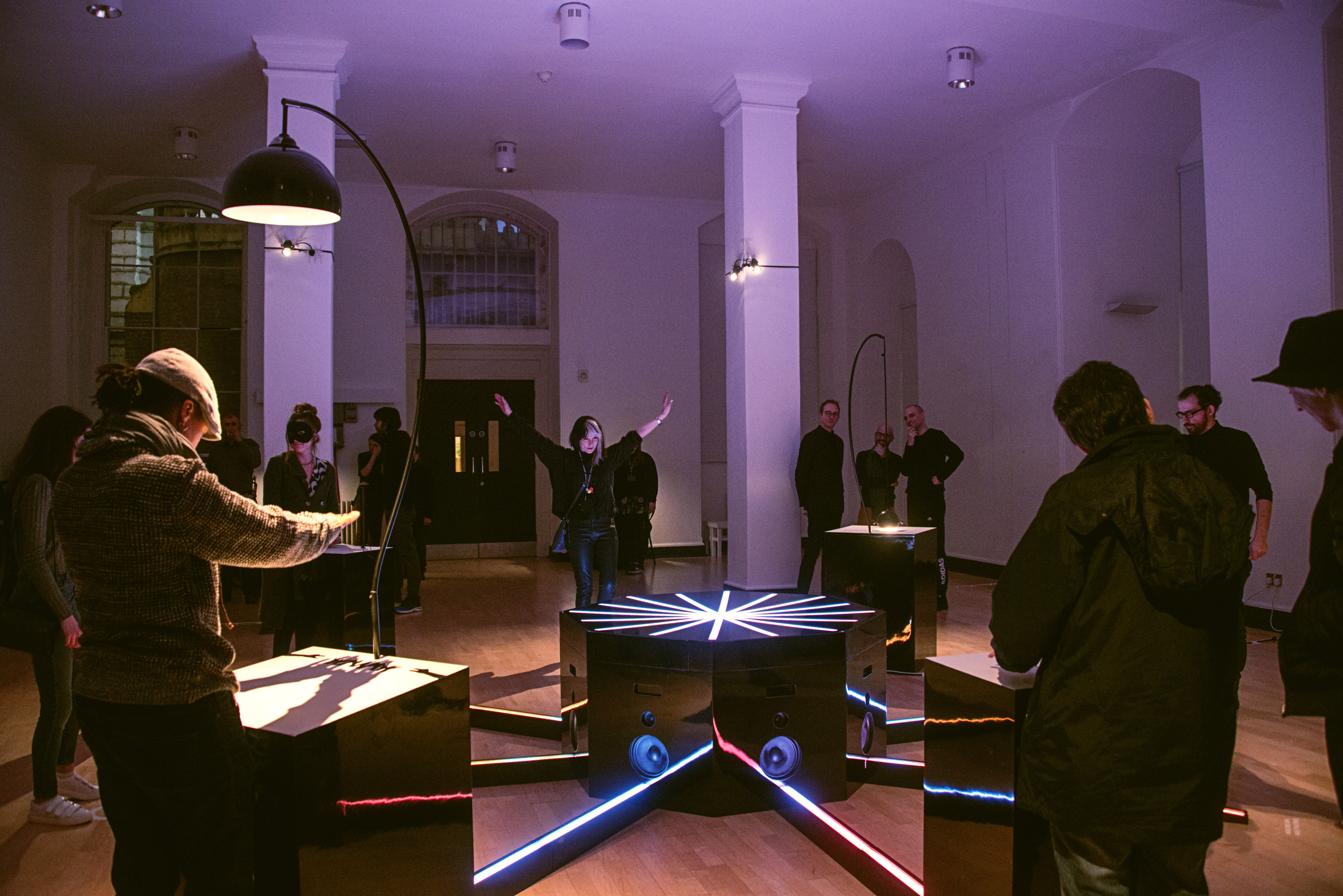 Participants collaborate to create music through bespoke instruments that use light, movement and touch, at the preview of Cave of Sounds at Music Hackspace, Somerset House Studios, Jan 2018. Photo: Suzi Corker