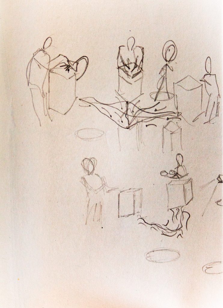 Early sketch by Tim Murray-Browne of the imagined Cave of Sounds installation of a musical ensemble performed by its audience