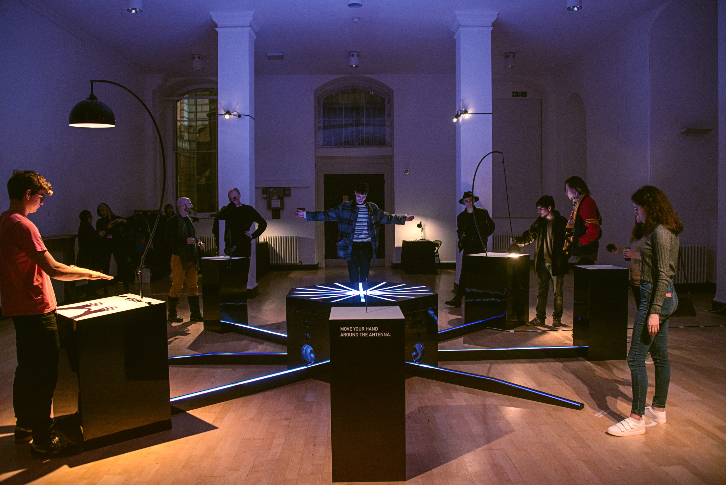 Participants collaborate to create music through bespoke instruments that use light, movement and touch, at the preview of Cave of Sounds at Music Hackspace, Somerset House Studios, Jan 2018. Photo: Suzi Corker